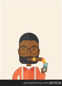 A smiling african-american businessman lighting the cigar tobacco to release pressure from work. Successful business concept. A Contemporary style with pastel palette, soft beige tinted background. Vector flat design illustration. Vertical layout with text space on top part.. African-american Businessman lighting the cigar tobacco.