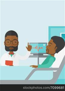 A smiling african-american doctor visits a patient lying on hospital bed vector flat design illustration. Vertical poster layout with a text space.. Doctor visiting patient.