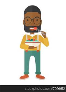 A smiling african-american man with beard in glasses eating salad vector flat design illustration isolated on white background. Healthy, fitness concept. Vertical layout.. Man eating salad.
