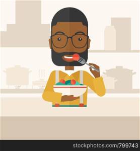 A smiling african-american man with beard in glasses eating salad vector flat design illustration. Healthy concept. Square layout.. Man eating salad.