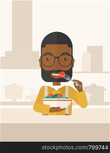 A smiling african-american man with beard in glasses eating salad vector flat design illustration. Healthy concept. Vertical layout with a text space.. Man eating salad.
