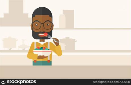 A smiling african-american man with beard in glasses eating salad vector flat design illustration. Healthy concept. Horizontal layout with a text space.. Man eating salad.