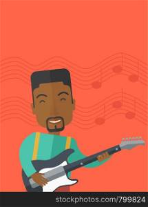 A smiling african-american musician playing electric guitar vector flat design illustration. Vertical layout with a text space.. Musician playing electric guitar.