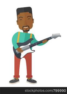A smiling african-american musician playing electric guitar vector flat design illustration isolated on white background. Vertical layout.. Musician playing electric guitar.