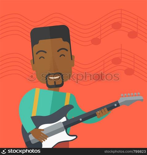 A smiling african-american musician playing electric guitar vector flat design illustration. Square layout.. Musician playing electric guitar.