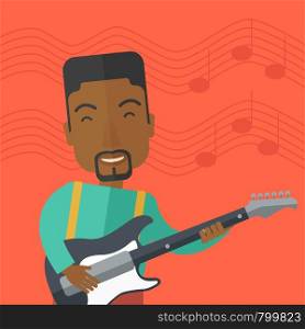 A smiling african-american musician playing electric guitar vector flat design illustration. Square layout.. Musician playing electric guitar.