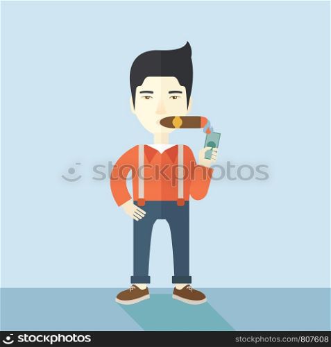 A smiling asian businessman lighting the cigar tobacco to release pressure from work. Successful business concept. A Contemporary style with pastel palette, soft blue tinted background. Vector flat design illustration. Square layout.. Asian Businessman lighting the cigar tobacco.