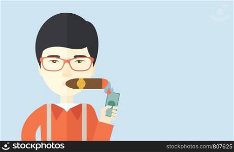 A smiling asian businessman lighting the cigar tobacco to release pressure from work. Successful business concept. A Contemporary style with pastel palette, soft blue tinted background. Vector flat design illustration. Horizontal layout with text space in right side.. Asian Businessman lighting the cigar tobacco.