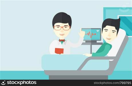 A smiling asian doctor visits a patient lying on hospital bed vector flat design illustration. Horizontal layout with a text space.. Doctor visiting patient.