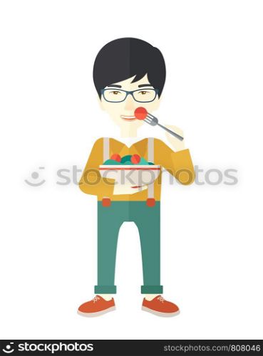 A smiling asian man in glasses eating salad vector flat design illustration isolated on white background. Healthy, fitness concept. Vertical poster layout.. Man eating salad.