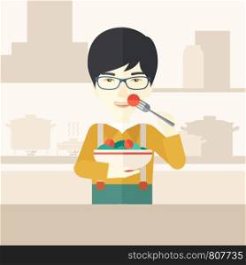 A smiling asian man in glasses eating salad vector flat design illustration. Healthy concept. Square layout.. Man eating salad.