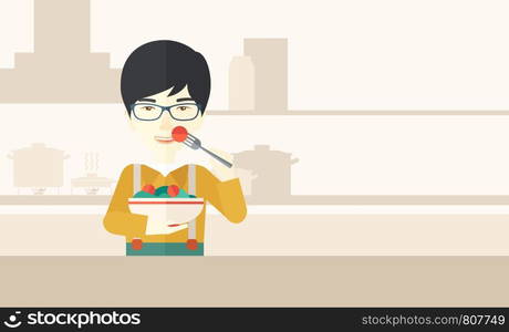 A smiling asian man in glasses eating salad vector flat design illustration. Healthy concept. Horizontal layout with a text space for a social media post.. Man eating salad.