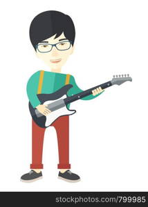 A smiling asian musician in glasses playing electric guitar vector flat design illustration isolated on white background. Vertical layout.. Musician playing electric guitar.