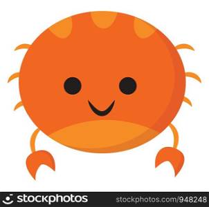 A smiling cute little orange cartoon crab with two sharp pincers, six walking legs, and two black eyes is extremely happy and looks lovely, vector, color drawing or illustration.