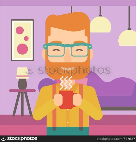 A smiling hipster man with the beard drinking hot flavored coffee in living room vector flat design illustration. Square layout.. Man holding cup of coffee.