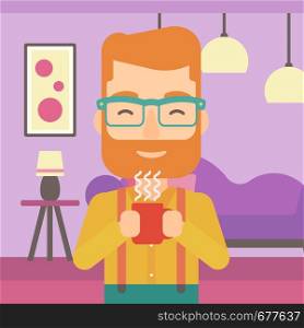 A smiling hipster man with the beard drinking hot flavored coffee in living room vector flat design illustration. Square layout.. Man holding cup of coffee.