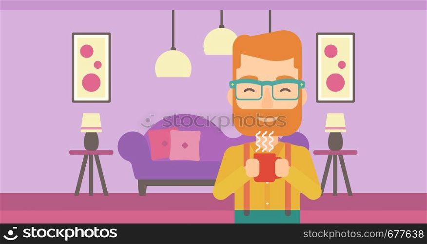 A smiling hipster man with the beard drinking hot flavored coffee in living room vector flat design illustration. Horizontal layout.. Man holding cup of coffee.
