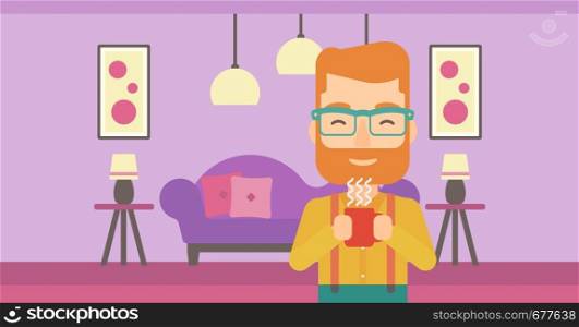A smiling hipster man with the beard drinking hot flavored coffee in living room vector flat design illustration. Horizontal layout.. Man holding cup of coffee.