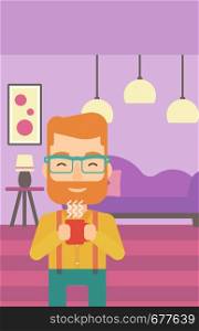 A smiling hipster man with the beard drinking hot flavored coffee in living room vector flat design illustration. Vertical layout.. Man holding cup of coffee.
