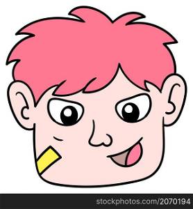 a smiling male head with friendly pink hair