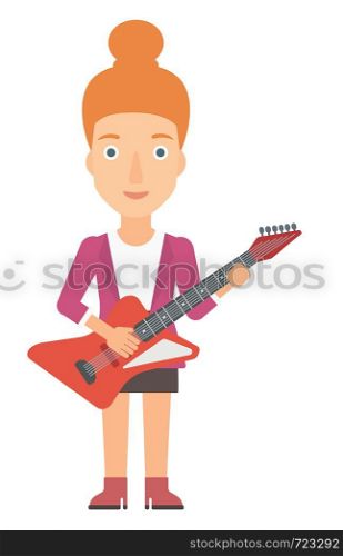 A smiling musician playing electric guitar vector flat design illustration isolated on white background.. Musician playing electric guitar.