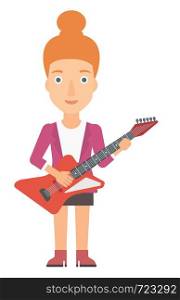 A smiling musician playing electric guitar vector flat design illustration isolated on white background.. Musician playing electric guitar.