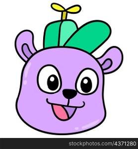 a smiling purple bear cub wearing a propeller hat