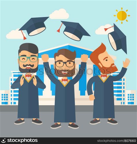A smiling three men throwing graduation cap in the air. A Contemporary style with pastel palette, soft blue tinted background with desaturated clouds. Vector flat design illustration. Square layout.. Three men throwing graduation cap.