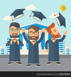 A smiling three men throwing graduation cap in the air. A Contemporary style with pastel palette, soft blue tinted background with desaturated clouds. Vector flat design illustration. Square layout.. Three men throwing graduation cap.