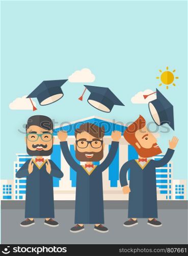 A smiling three men throwing graduation cap in the air. A Contemporary style with pastel palette, soft blue tinted background with desaturated clouds. Vector flat design illustration. Vertical layout with text space on top part.. Three men throwing graduation cap.