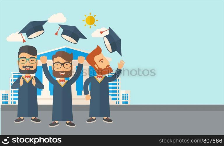 A smiling three men throwing graduation cap in the air. A Contemporary style with pastel palette, soft blue tinted background with desaturated clouds. Vector flat design illustration. Horizontal layout with text space in right side.. Three men throwing graduation cap.