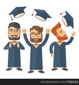A smiling three men throwing graduation cap in the air. A Contemporary style. Vector flat design illustration isolated white background. Square layout. Three men throwing graduation cap.