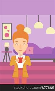 A smiling woman drinking hot flavored coffee in living room vector flat design illustration. Vertical layout.. Woman sitting with cup of coffee.