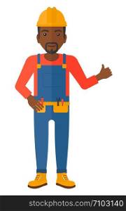 A smiling young african-american builder in helmet showing thumbs up sign vector flat design illustration isolated on white background.. Builder showing thumbs up.