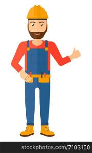 A smiling young hipster builder with the beard in helmet showing thumbs up sign vector flat design illustration isolated on white background. Vertical layout.. Builder showing thumbs up.