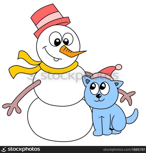 a snowman and a pet cat are friends. vector illustration of cartoon doodle sticker draw