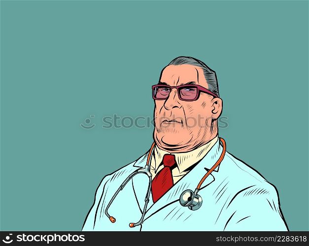 A solid adult doctor, the head doctor of the hospital. A serious man. pop art Retro vector Illustration 50s 60s kitsch Vintage style. A solid adult doctor, the head doctor of the hospital. A serious man