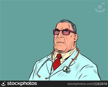 A solid adult doctor, the head doctor of the hospital. A serious man. pop art Retro vector Illustration 50s 60s kitsch Vintage style. A solid adult doctor, the head doctor of the hospital. A serious man