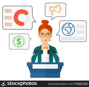 A speaker standing on a podium with microphones and speech squares around her vector flat design illustration isolated on white background. . Woman speaking on podium.