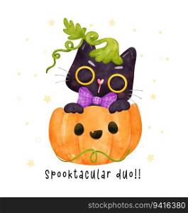 a spooky cat sitting inside a pumpkin. Perfect for Halloween decorations, party invitations, or social media posts.  Whimsical Watercolor Cat in Pumpkin Illustration