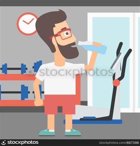 A sportive hipster man with the beard drinking water in the gym vector flat design illustration. Square layout.. Man drinking water.