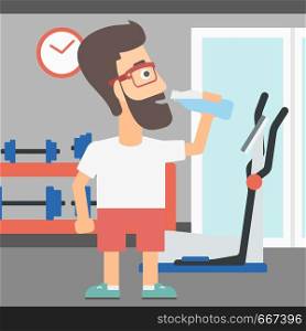 A sportive hipster man with the beard drinking water in the gym vector flat design illustration. Square layout.. Man drinking water.