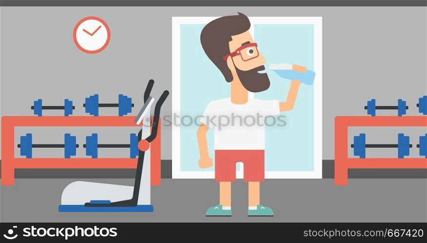A sportive hipster man with the beard drinking water in the gym vector flat design illustration. Horizontal layout.. Man drinking water.