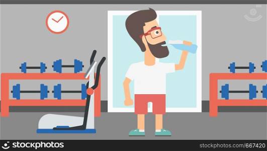 A sportive hipster man with the beard drinking water in the gym vector flat design illustration. Horizontal layout.. Man drinking water.