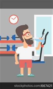 A sportive hipster man with the beard drinking water in the gym vector flat design illustration. Vertical layout.. Man drinking water.