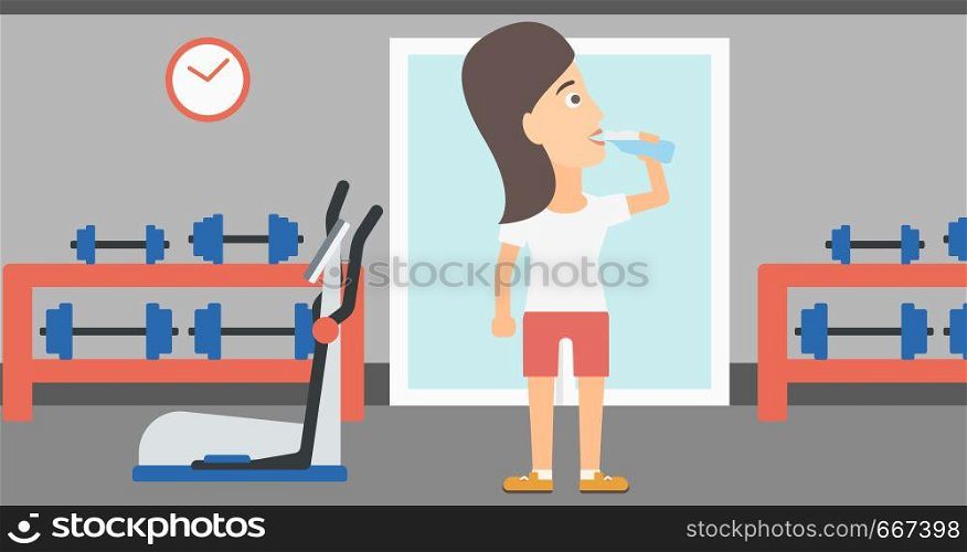 A sportive woman drinking water in the gym vector flat design illustration. Horizontal layout.. Woman drinking water.