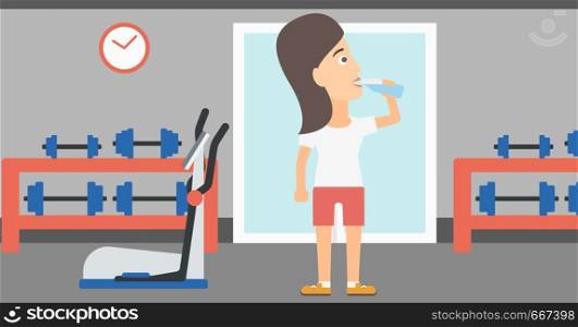 A sportive woman drinking water in the gym vector flat design illustration. Horizontal layout.. Woman drinking water.