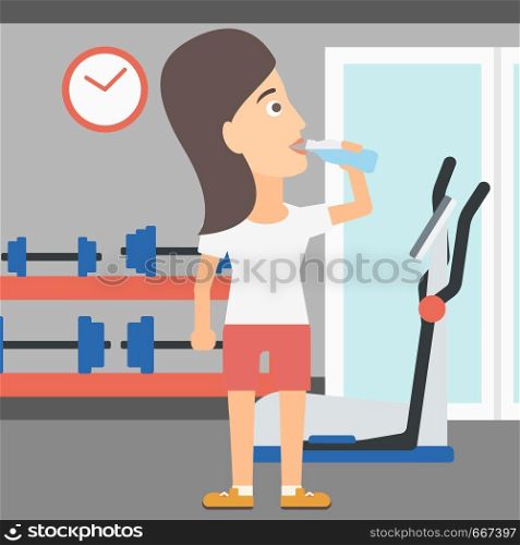 A sportive woman drinking water in the gym vector flat design illustration. Square layout.. Woman drinking water.