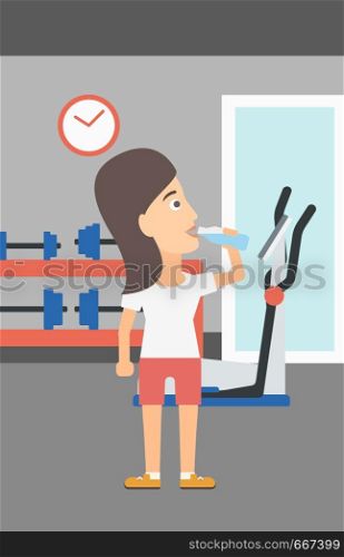 A sportive woman drinking water in the gym vector flat design illustration. Vertical layout.. Woman drinking water.