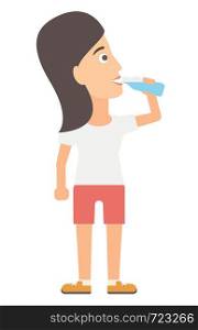 A sportive woman drinking water vector flat design illustration isolated on white background. . Woman drinking water.